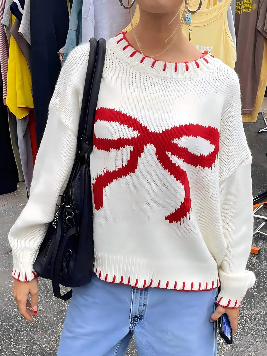 Damski sweter z dzianiny żakardowej z kontrastową kokardką