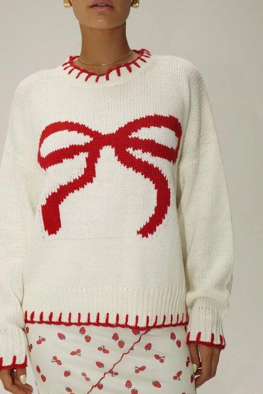 Damski sweter z dzianiny żakardowej z kontrastową kokardką
