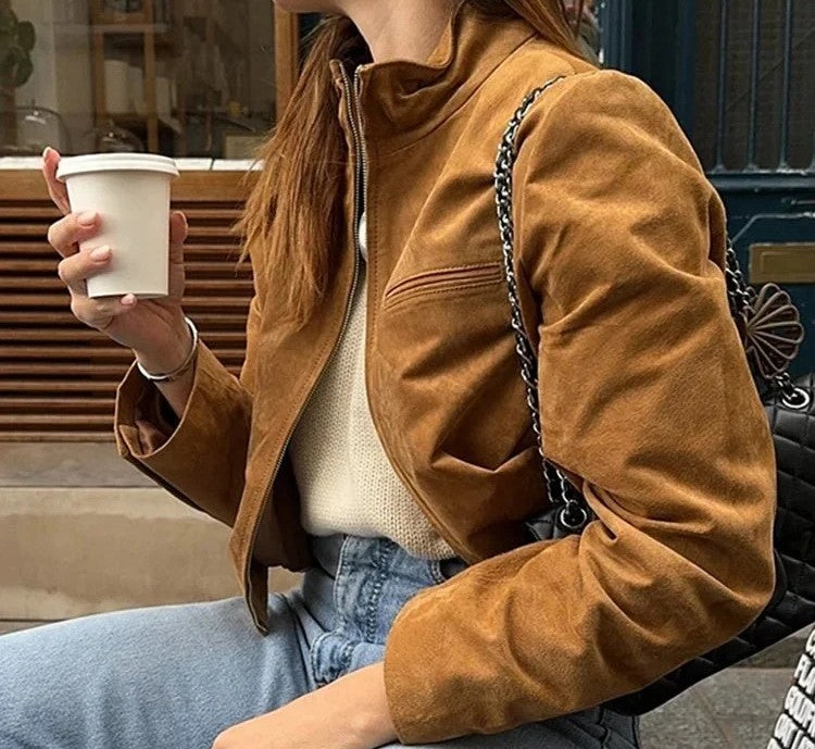 Damska krótka kurtka w stylu retro z imitacji brązowego zamszu